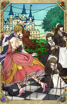 1boy 4girls bare_back bare_shoulders black_dress black_footwear black_hair blonde_hair blue_jacket blue_pants blue_sky border bound bound_arms brown_hair building bush castle center_frills checkered_floor dancing day detached_sleeves dress epaulettes facing_another facing_away flag flower frilled_sleeves frills hair_over_eyes hand_on_another&#039;s_back hetero holding holding_hands holding_needle holding_sewing_needle holding_string jacket juliet_sleeves kiss leaning_on_person long_dress long_hair long_sleeves looking_at_another maid maid_headdress multiple_girls needle original outside_border oversized_object pants parted_lips petticoat pink_dress pink_flower pink_shoes prince princess puffy_sleeves purple_flower red_flag red_flower red_rose rose rose_bush sadie322 sewing_needle shoes short_hair sky sleeve_cuffs standing string string_of_fate tiara tree triangle two-tone_dress white_headdress white_sleeves