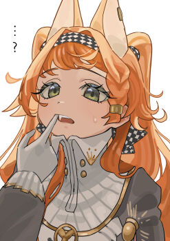 Rule 34 | ...?, 1girl, absurdres, animal ears, checkered hairband, collared dress, commentary request, dog ears, dress, fang, finger in own mouth, gloves, green eyes, grey sleeves, hairband, hand up, high collar, highres, kemonomimi mode, long hair, looking at viewer, orange hair, perapera o2, reverse:1999, solo, sonetto (reverse:1999), sweat, two side up, upper body, very long hair, white background, white dress, white gloves