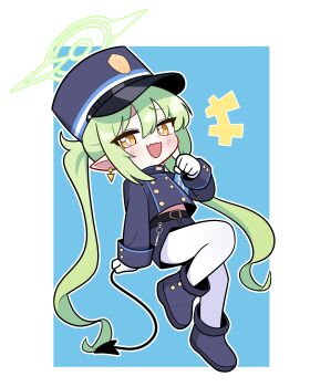 +++ 1girl absurdres armband belt black_boots black_hat black_tail blue_archive blue_armband blue_background blush boots buttons clenched_hand demon_tail double-breasted earrings fang gloves green_hair green_halo halo hand_up hat highres jewelry jorang_(jorang08) knee_up leaning_back long_hair long_sleeves looking_at_viewer nozomi_(blue_archive) open_mouth pantyhose peaked_cap pointy_ears skin_fang smile solo tail train_conductor twintails white_gloves white_pantyhose yellow_eyes