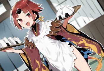 1girl apron beak beni-enma beni-enma_(first_ascension) brown_kimono fate/grand_order fate_(series) feather_trim food gurugurukaijyuu indoors japanese_clothes kimono long_hair low_ponytail multicolored_hair onigiri open_mouth ponytail red_eyes red_hair short_kimono smile solo thighs two-tone_hair white_apron wide_sleeves