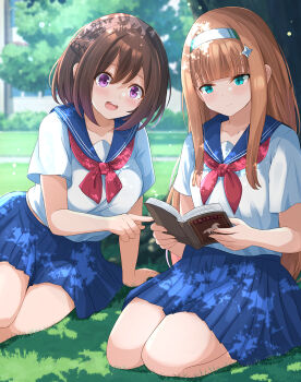 2girls blue_eyes blush book braid breasts brown_hair commentary_request grass hair_between_eyes hair_ornament highres humanization liukensama medium_breasts multiple_girls open_mouth orange_hair purple_eyes reading school_uniform seiza silence_suzuka_(umamusume) sitting smile special_week_(umamusume) thighhighs tree umamusume
