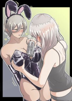2girls 5tb animal_ear_hairband animal_ears beer_mug between_breasts black_border blush border breasts can cleavage collarbone cup fake_animal_ears girls_band_cry grabbing_another's_breast gradient_background green_background grey_hair groping hairband highres holding holding_can kawaragi_momoka large_breasts long_hair looking_at_another mug multiple_girls open_mouth playboy_bunny rabbit_ears rupa_(girls_band_cry) short_hair simple_background smile thighs yellow_eyes yuri