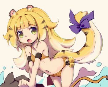 1girl animal_ear_fluff animal_ears arched_back bare_legs bare_shoulders barefoot bikini blonde_hair blue_bow bow colored_inner_hair commentary_request feet flat_chest green_eyes ju_fufu large_bow loli long_hair looking_at_viewer multicolored_hair navel open_mouth orange_bikini solo swimsuit tail tail_bow tail_ornament thighs tiger_ears tiger_girl tiger_tail very_long_hair water_drop white_hair yoshi_(crossmind) zenless_zone_zero