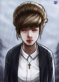 1girl absurdres artist_logo black_jacket blonde_hair christt closed_eyes collared_shirt cross cross_necklace grey_sky highres jacket jewelry kate_marsh life_is_strange_(series) life_is_strange_1 logo necklace open_clothes open_jacket outdoors rain shirt sky solo updo upper_body watermark white_shirt