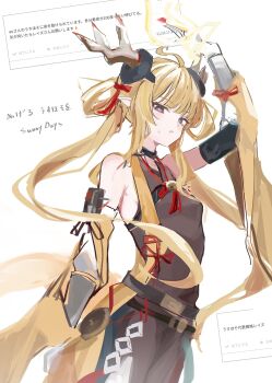 Rule 34 | 1girl, :o, absurdres, arknights, armpits, bare shoulders, belt, blonde hair, bow, brown belt, brown dress, commentary request, death unagi, detached sleeves, dot nose, dragon girl, dragon horns, dress, eastern dragon horns, electricity, electrokinesis, fan request, hair bow, hand up, highres, horns, leizi (arknights), leizi the thunderbringer (arknights), long hair, long sidelocks, looking at viewer, odaibako, quad tails, request inset, sidelocks, simple background, sketch, solo, sweat, translation request, unfinished, white background