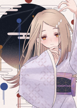 Rule 34 | 1girl, absurdres, arm up, asa no ha (pattern), blonde hair, blush, closed mouth, colored eyelashes, commentary request, egasumi, flipped hair, gakuen idolmaster, hair ornament, hairclip, hand up, highres, idolmaster, japanese clothes, kimono, long hair, long sleeves, looking at viewer, obi, obiage, obijime, orange eyes, parted bangs, print kimono, purple kimono, sash, shinosawa hiro, shippou (pattern), sleeves past wrists, smile, solo, upper body, wide sleeves, xin xin impact