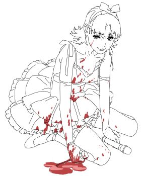 1girl absurdres bad_id bad_twitter_id bare_shoulders black_hair blood blood_on_clothes blood_on_face commentary dress elbow_gloves flipped_hair gloves hairband highres imamura_ryou kirigoe_mima perfect_blue pink_dress simple_background sitting smile solo wariza white_background