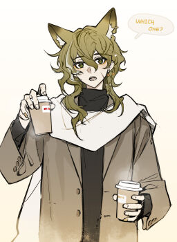 1boy animal_ear_fluff animal_ears arknights asymmetrical_hair bishounen black_shirt chinese_commentary coat collared_shirt commentary_request cup earrings english_text eyeshadow facial_scar figurino_(arknights) five-fall green_eyes green_hair hair_between_eyes highres holding holding_cup jewelry looking_at_viewer makeup male_focus multicolored_hair official_artist_extra open_mouth scar scar_on_cheek scar_on_face scarf shirt simple_background solo speech_bubble steam straight-on streaked_hair stud_earrings teeth third-party_source upper_body white_hair white_scarf wolf_boy wolf_ears