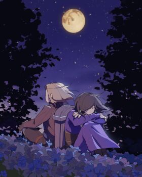 alu30534840 back-to-back black_hair brown_hair character_request chinese_commentary commentary_request crossed_arms field flower flower_field full_moon highres long_hair moon night octopath_traveler octopath_traveler_ii purple_flower purple_sky sitting sky star_(sky) throne_anguis tombstone yellow_moon
