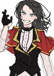 Rule 34 | 1girl, a jak, bang dream!, bang dream! it&#039;s mygo!!!!!, black gloves, black hair, black jacket, blush, capelet, gloves, highres, jacket, long hair, long sleeves, open mouth, red capelet, see-through, see-through sleeves, shirt, simple background, smile, solo, upper body, white background, white shirt, yahata umiri