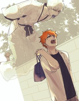 Rule 34 | 2boys, bag, black sash, black sclera, black shirt, black socks, bleach, blecc0na, blue tongue, brown eyes, colored sclera, colored tongue, commentary request, fading, floating, ghost, hakama, hands in pockets, highres, holding, holding bag, hollow ichigo, japanese clothes, kimono, kurosaki ichigo, looking at another, multiple boys, obi, open clothes, open mouth, open shirt, orange hair, sandals, sash, school bag, shihakusho, shirt, socks, sweatdrop, undershirt, waraji, white hair, white hakama, white kimono, white shirt, wide sleeves, yellow eyes