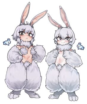 2girls :&lt; :3 ahoge animal_feet black_eyes blush breasts bunny_(terraria) closed_mouth female_focus full_body hand_on_own_hip highres looking_at_viewer monster_girl multiple_girls navel neck_fur nyong_nyong personification rabbit_ears rabbit_girl reference_inset short_hair small_breasts smile terraria white_background white_hair