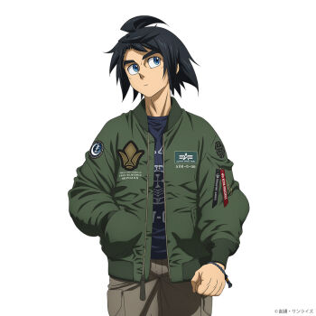 1boy ahoge black_hair blue_eyes bomber_jacket bracelet copyright_notice cowboy_shot gundam gundam_tekketsu_no_orphans hand_in_jacket highres jacket jewelry long_sleeves looking_at_viewer male_focus mikazuki_augus official_art promotional_art shirt short_hair simple_background solo white_background