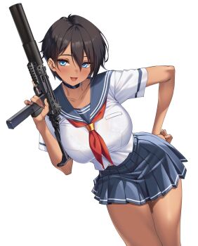 1girl black_choker black_hair blue_eyes blue_sailor_collar blue_skirt breasts choker commentary_request dark-skinned_female dark_skin gun hand_on_own_hip highres holding holding_gun holding_weapon neckerchief original red_neckerchief sailor_collar school_uniform serafuku shirokuma_a short_hair short_sleeves skirt solo thighs tomboy variant_set weapon