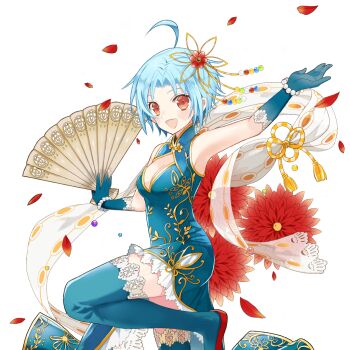 1girl aqua_gloves aqua_thighhighs armpits bare_shoulders blue_hair china_dress chinese_clothes cleavage_cutout clothing_cutout dress flower gloves hair_ornament hand_fan holding holding_fan merueto open_mouth orange_eyes red_flower red_shoes sapphire_(uchihime) shoes short_hair thighhighs uchi_no_hime-sama_ga_ichiban_kawaii