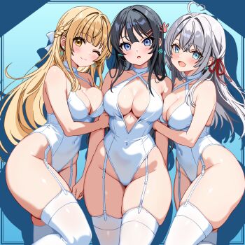 3girls ahoge alisa_mikhailovna_kujou bare_arms bare_shoulders black_hair blonde_hair blue_eyes bow braid breasts character_request choker cleavage closed_mouth commission copyright_request covered_navel criss-cross_halter earrings garter_straps hair_bow hair_ornament hair_ribbon hairclip halterneck heart heart_ahoge highleg highleg_leotard highres jewelry large_breasts leotard long_hair looking_at_viewer medium_breasts multiple_girls one_eye_closed open_mouth plunging_neckline ribbon sakurajima_mai second-party_source seishun_buta_yarou skindentation smile snowflake_earrings thighhighs thighs tokidoki_bosotto_roshia-go_de_dereru_tonari_no_alya-san white_choker white_hair white_leotard white_thighhighs yellow_eyes
