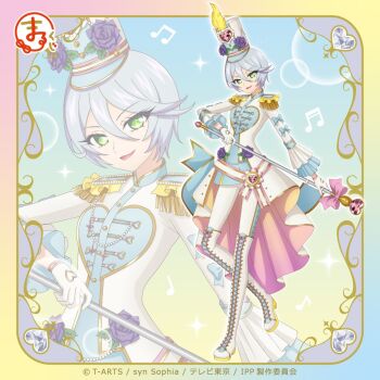 1girl band_uniform boots border commentary_request epaulettes feathers full_body green_eyes grey_hair hair_between_eyes hat heart high_heel_boots high_heels holding holding_scepter idol_clothes jacket lace-up_boots long_sleeves looking_at_viewer official_alternate_costume official_art open_mouth pants pretty_series pripara scepter second-party_source shikyoin_hibiki short_hair smile standing white_boots white_hat white_jacket white_pants