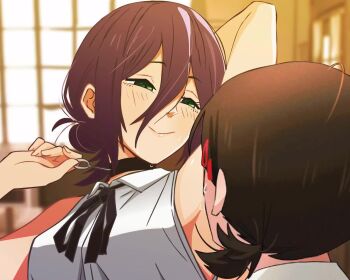 2girls animated armpits bakushin_o_armpit_gif_(meme) black_choker black_hair black_ribbon chainsaw_man choker collared_shirt divine_wine green_eyes grenade_pin hair_between_eyes half-closed_eyes higashiyama_kobeni indoors khyle. licking licking_armpit long_hair meme multiple_girls reze_(chainsaw_man) ribbon shirt sleeveless sleeveless_shirt smile sound sweat tagme third-party_edit video white_shirt yuri