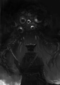 artist_name bloodborne commentary_request extra_eyes from_behind greyscale gun hat highres holding holding_gun holding_weapon hunter_(bloodborne) jacket monochrome standing tentacles tripdancer weapon winter_lantern