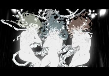 3girls absurdres bang_dream! bang_dream!_it's_mygo!!!!! black_ribbon blue_hair breasts brown_hair chinese_commentary closed_eyes closed_mouth commentary_request floating_hair green_hair hair_ribbon hands_on_own_face highres medium_breasts multiple_girls nagasaki_soyo nude parted_lips ribbon togawa_sakiko underwater wakaba_mutsumi zhong_er_bing