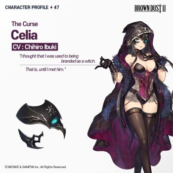 Rule 34 | 1girl, aqua eyes, bare shoulders, black gloves, black hair, black thighhighs, blue eyes, breasts, brown dust (series), brown dust 2, cape, celia (brown dust), character name, character profile, cleavage, cloak, company name, crossed legs, detached collar, english text, fur trim, gloves, glowing, glowing eyes, hand on own chest, hood, hooded cloak, leotard, long hair, looking at viewer, mask, parted lips, profile, reference sheet, simple background, solo, thighhighs, very long hair