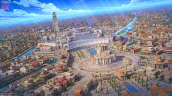 3d arsenixc artist_name before_and_after blue_sky bridge building city cloud column commentary commentary_request copyright_logo copyright_name copyright_notice crystal day english_commentary highres horizon light_rays logo mixed-language_commentary nikki_(series) official_art people pillar river scenery shining_nikki sky sunbeam sunlight tower transparent_animal tree variant_set whale