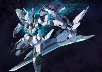 Rule 34 | blue eyes, commentary request, eye trail, foot out of frame, gundam, gundam 00 revealed chronicle, gundam astraea ii, highres, light particles, light trail, mecha, mecha focus, no humans, ocha2 22, robot