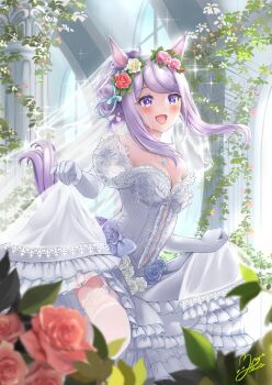 1girl animal_ears bare_shoulders blue_ribbon blush braid braided_bun breasts bridal_veil bride dress ear_flower elbow_gloves flower garter_straps gloves good_thighs_day hair_bun hair_flower hair_ornament hair_ribbon highres horse_ears horse_girl horse_tail long_hair medium_breasts mejiro_mcqueen_(umamusume) miki_lutecia off-shoulder_dress off_shoulder open_mouth purple_eyes purple_hair ribbon rose skirt_hold smile solo tail thighhighs umamusume veil wedding_dress white_dress white_gloves white_thighhighs