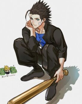 Rule 34 | 2boys, bandaid, bandaid on cheek, bandaid on face, baseball bat, black hair, black jacket, black pants, black shoes, blonde hair, blue eyes, blue shirt, bush, chibi, chibi inset, closed mouth, cloud strife, commentary request, delinquent, final fantasy, final fantasy vii, final fantasy vii: ever crisis, full body, gakuran, grey background, holding, holding baseball bat, jacket, jewelry, kaz0u0, looking at viewer, male focus, multiple boys, necklace, official alternate costume, pants, school uniform, shirt, shoes, simple background, smile, solo focus, spiked hair, squatting, sunglasses, zack fair, zack fair (midgard seventh high school)