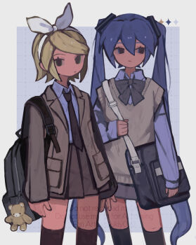 2girls alternate_costume backpack bag bag_charm black_necktie black_thighhighs blonde_hair blue_hair bow bowtie brown_jacket brown_sweater_vest charm_(object) collared_shirt cowboy_shot grey_bow grey_bowtie hairband hatsune_miku highres jacket kagamine_rin long_hair long_sleeves looking_at_viewer miniskirt multiple_girls necktie open_clothes open_jacket pleated_skirt s1ho_(ukiy0u0) school_bag school_uniform shirt short_hair shoulder_bag skirt standing stuffed_animal stuffed_toy sweater_vest teddy_bear thighhighs twintails very_long_hair vocaloid watermark white_hairband