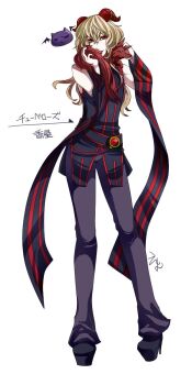 Rule 34 | 1boy, alternate color, androgynous, animal, animal around neck, belt, bishounen, black belt, black pants, black shoes, black sleeves, blonde hair, closed mouth, commentary request, detached sleeves, deviling, flowery peko, fox, hair between eyes, horns, lips, long bangs, long hair, male focus, pants, platform heels, platform shoes, professor (ragnarok online), ragnarok online, red eyes, red horns, red sleeves, shirt, shoes, simple background, sleeveless, sleeveless shirt, slime (creature), smile, solo, striped sleeves, white background