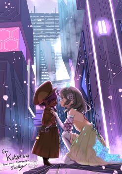 2girls bridal_gauntlets brown_dress brown_hat closed_eyes commission dark-skinned_female dark_skin dress elbow_gloves final_fantasy final_fantasy_xiv gloves green_skirt grey_hair hat highres kneeling lalafell long_sleeves medium_hair multiple_girls parted_lips pointy_ears purple_hair shelldy skeb_commission skirt sphene_(ff14) standing warrior_of_light_(ff14)