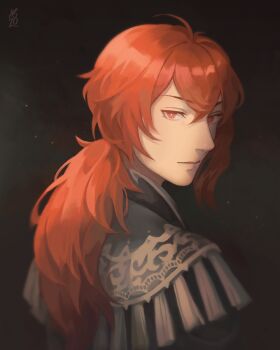 1boy black_background coat commentary diluc_(genshin_impact) driftwoodwolf english_commentary expressionless genshin_impact gold_trim looking_at_viewer low_ponytail male_focus ponytail red_eyes red_hair simple_background solo upper_body