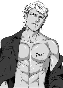 1boy character_name facial_hair greyscale jean_kirstein male_focus monochrome muscular muscular_male nipples open_clothes satsuki_llab shingeki_no_kyojin short_hair solo stubble undercut upper_body