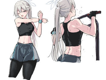 1girl ;d alternate_costume alternate_hairstyle bare_shoulders black_gloves black_pants black_sports_bra blue_archive blue_wrist_cuffs blunt_bangs commentary_request cowboy_shot exercising gloves grey_eyes grey_hair grey_halo halo konoka_(blue_archive) long_hair looking_at_viewer midriff multiple_views navel one_eye_closed open_mouth pants ponytail pullups shitsugaikotsu shorts simple_background single_wrist_cuff smile sports_bra sportswear straight_hair stretching sweat track_pants very_long_hair white_background wrist_cuffs