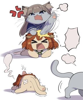 &gt;_&lt; absurdres anger_vein animal animal_focus animal_with_hair animalization anus artist_name blank_speech_bubble blue_capelet blue_eyes blunt_bangs brown_hair capelet cat clothed_animal commentary crossed_bandaids fighting frilled_capelet frills head_bump highres j_humbo kanne_(sousou_no_frieren) lawine_(sousou_no_frieren) long_hair no_humans open_mouth orange_hair short_twintails signature simple_background sousou_no_frieren speech_bubble symbol-only_commentary twintails watermark white_background