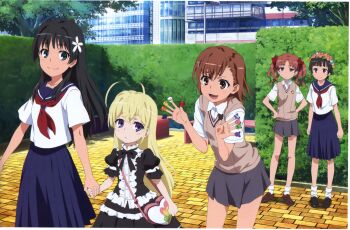 10s 2013 5girls :< age_difference antenna_hair bag bare_legs bench black_dress black_footwear black_hair blonde_hair blue_eyes bow brown_eyes brown_footwear brown_hair brown_sweater_vest candy child collarbone collared_shirt day dress febrie finger_gloves flower flower_wreath food frilled_dress frills gekota gothic_lolita grey_skirt hair_bow hair_flower hair_ornament hairclip half-closed_eyes hand_on_own_hip handbag height_difference highres hiyamizu_yukie holding_hands leaning_forward ligma_(railgun) lolita_fashion lollipop long_hair looking_at_another matching_hair/eyes miniskirt misaka_mikoto multiple_girls official_art open_mouth outdoors park park_bench purple_eyes red_bow sakugawa_school_uniform saten_ruiko school_uniform serafuku shirai_kuroko shirt shoes short_hair skirt smile socks standing summer_uniform sweater_vest tile_floor tiles toaru_kagaku_no_railgun toaru_majutsu_no_index tokiwadai_school_uniform tree twintails uiharu_kazari white_shirt white_socks