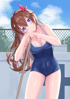 1girl absurdres blue_eyes blue_one-piece_swimsuit blue_sky breasts brown_hair chain-link_fence cleaning_brush cleavage cloud commentary_request competition_school_swimsuit covered_navel day empty_pool esuorder fence highres hololive long_hair medium_breasts one-piece_swimsuit outdoors pool revision school_swimsuit sky smile solo swimsuit tokino_sora virtual_youtuber