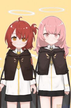 2girls aged_down ahoge arknights black_skirt blush brown_eyes cape child cloak closed_mouth collared_shirt commentary cowboy_shot dated_commentary detached_wings energy_wings exusiai_(arknights) halo highres jacket kamihine lemuen_(arknights) long_hair long_sleeves looking_at_viewer multiple_girls necktie one_side_up pink_eyes pink_hair red_eyes red_hair shirt short_hair simple_background skirt smile white_shirt wings yellow_background yellow_necktie