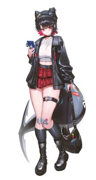 1girl absurdres ai-generated_art_(topic) bag bandages bandaid bandaid_on_knee bandaid_on_leg beanie belt black_bag black_belt black_boots black_hair black_jacket boots breasts casual cellphone cellphone_charm cellphone_strap character_charm charm_(object) colored_inner_hair contemporary crop_top domi_(hongsung0819) ellen_joe fingernails fins fish_tail hair_ornament hat heart_ring_strap highres holding holding_bag holding_phone italian_brainrot_ai_animals_(meme) jacket large_breasts long_fingernails long_sleeves meme messenger_bag mole mole_under_eye multicolored_hair nail_polish o-ring o-ring_thigh_strap phone plaid_clothes plaid_skirt pleated_skirt red_eyes red_hair red_nails red_skirt shark shark_girl shark_tail sharkboo_(zenless_zone_zero) shirt short_hair shoulder_bag skindentation skirt smartphone solo tail thigh_strap two-tone_hair white_shirt zenless_zone_zero