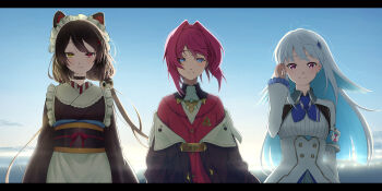 3girls 46_crt absurdres ange_katrina ange_katrina_(1st_costume) animal_ears animal_hair_ornament armband backlighting black_coat black_collar blue_armband blue_background blue_eyes blue_hair blue_neckerchief blunt_ends blush breasts brown_hair brown_kimono brown_sash buttons cardigan closed_mouth cloud coat collar collared_shrug colored_inner_hair commentary_request dawn day dog_ears double-breasted eyelashes fang frilled_sleeves frills gradient_eyes group_picture hair_intakes hair_ornament hand_up heterochromia high-waist_skirt highres inui_toko inui_toko_(1st_costume) japanese_clothes kimono light_smile lize_helesta lize_helesta_(1st_costume) long_hair long_sleeves looking_at_viewer loose_hair_strand low_twintails maid_headdress medium_hair mountainous_horizon multicolored_eyes multicolored_hair multiple_girls neckerchief nijisanji obi obiage obijime off_shoulder outdoors purple_eyes red_cardigan red_eyes red_hair ribbed_shirt sanbaka_(nijisanji) sash shirt shirt_tucked_in shrug_(clothing) side-by-side skin_fang skirt sky small_breasts smile split_mouth twintails two-tone_hair upper_body very_long_hair virtual_youtuber white_hair white_headdress white_shirt white_shrug white_skirt yellow_eyes