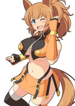 1girl ;d absurdres animal_ears bare_shoulders black_gloves black_shirt black_thighhighs blazblue blue_eyes blush breasts brown_hair clenched_hands commentary_request cosplay crop_top fingerless_gloves gauntlets gloves hair_between_eyes hands_up highleg highleg_panties highres horse_ears horse_girl horse_tail large_breasts long_hair looking_at_viewer makoto_nanaya makoto_nanaya_(cosplay) mirano navel one_eye_closed open_mouth orange_shirt orange_skirt panties partial_commentary ponytail revealing_clothes shirt side_slit sidelocks simple_background skindentation skirt sleeveless sleeveless_shirt smile solo standing stomach taiki_shuttle_(umamusume) tail thighhighs two-tone_shirt umamusume underboob underwear white_background zettai_ryouiki