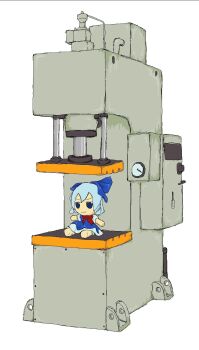 blue_bow blue_dress blue_hair bow cakesenpai50 cirno closed_mouth dress fumo_(doll) hair_bow highres hydraulic_press light_blue_hair machine puffy_short_sleeves puffy_sleeves red_neckwear short_sleeves touhou white_background