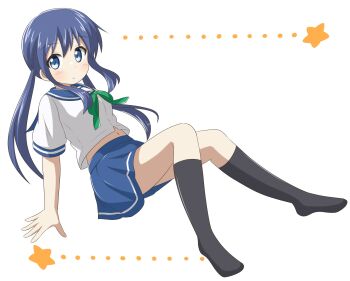 1girl black_socks blue_eyes blue_hair blue_sailor_collar blue_sky blush dot_nose female_focus full_body hair_between_eyes koisuru_asteroid legs long_hair looking_at_viewer manaka_ao nanog_eb1994 navel ribbon sailor_collar school_uniform serafuku shirt short_sleeves simple_background sitting skirt sky socks solo star_(symbol) thighs twintails white_background white_shirt