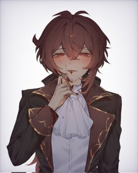 ... 1boy blood blood_on_clothes blood_on_face blood_on_hands blood_on_tongue blush closed_mouth diluc_(genshin_impact) fang genshin_impact hair_between_eyes highres long_sleeves looking_at_viewer male_focus red_eyes red_hair simple_background skin_fang solo spoken_ellipsis tongue tongue_out upper_body zehuij