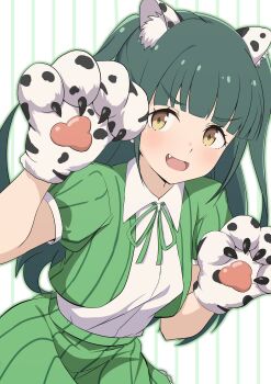 Rule 34 | 1girl, absurdres, animal hands, blunt bangs, commentary request, cowboy shot, fang, gloves, green background, green hair, green ribbon, highres, ikizulive! love live! bluebird, jacket, long hair, looking at viewer, love live!, neck ribbon, open clothes, open jacket, paw gloves, pinstripe background, pinstripe jacket, pinstripe pattern, pinstripe skirt, ribbon, shirt, short-sleeved jacket, short sleeves, sidelocks, snow leopard ears, solo, two side up, what is my life? (love live!), white shirt, yamada midori, yellow eyes, zanpon