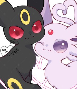 animal_focus closed_mouth commentary_request espeon forehead_jewel gen_2_pokemon heart highres maaari_pkmn nintendo no_humans one_eye_closed pokemon pokemon_(creature) pokemon_focus red_eyes simple_background smile umbreon white_background