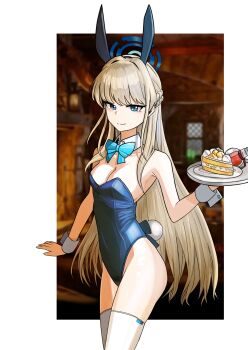 1girl absurdres bare_shoulders blonde_hair blue_archive blue_eyes bow bowtie braid breasts cake cake_slice cleavage detached_collar food highres medium_breasts playboy_bunny potion rabbit_tail smile solo tail tanko3203 thighhighs toki_(blue_archive) toki_(bunny)_(blue_archive) white_thighhighs wrist_cuffs