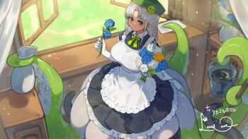 1girl apron black_dress blue_flower blush bouquet breasts bucket collar commentary_request commission dress flower frilled_apron frills from_above gloves green_hat green_ribbon grey_eyes hat holding holding_bouquet holding_bucket holding_mop holding_vase lansane large_breasts long_hair long_sidelocks looking_at_viewer looking_up maid maid_apron mole mop original parted_bangs puffy_sleeves ribbon sidelocks signature skeb_commission smile solo suction_tentacles tentacles tentacles_under_clothes unconventional_maid vase white_apron white_flower white_gloves white_hair window wiping yellow_flower