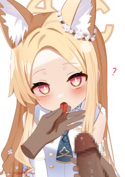 1boy 1girl ? animal_ear_fluff animal_ears ascot bare_shoulders blonde_hair blue_archive blue_ascot blush breasts bright_pupils censored chinese_commentary collared_dress commentary_request dark-skinned_male dark_skin detached_sleeves double-parted_bangs dress extra_ears flower flower_wreath forehead fox_ears fox_girl hair_flower hair_ornament halo heart highres loli looking_at_viewer mixed-language_commentary mosaic_censoring one_eye_closed open_mouth penis pulling_tongue red_eyes seia_(blue_archive) sidelocks signature simple_background small_breasts solo tongue tongue_grab tongue_out upper_body white_background white_dress white_pupils white_sleeves yellow_halo zds